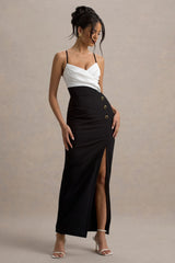 Rosalind | Black & White Strappy Tailored Maxi Dress With Split