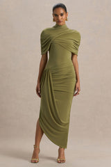 Enchant | Olive Asymmetric Twisted Cape Midi Dress