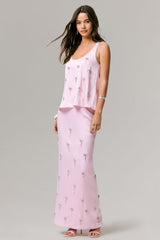 Lena | Pink Satin Embellished Maxi Skirt