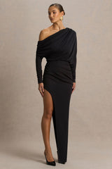 Olivia | Black Asymmetric-Neck Maxi Dress With Ruched Detailing And Asymmetric-Hem