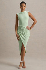 Estella | Light Green Midi Dress With Drape Skirt