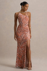 Florica | Zebra Print Mesh Asymmetric Maxi Dress With Split