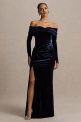 Countess | Navy Velvet Bardot-Neck Wrapped Maxi Dress With Front-High Split