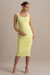 Lisbon | Lemon Maternity Square Neck Ruched Midi Dress