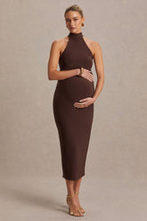Mireille | Brown Halter-Neck Maternity Midi Dress