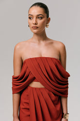 Talika | Terracotta Bardot Crop-Top With Draped Sleeves