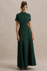 Alea | Dark Green High-Neck Short-Sleeve Maxi Dress