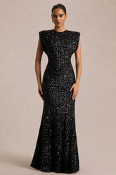 Aurah | Black Sequin Crew-Neck Maxi Dress With Cap Sleeves