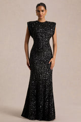 Aurah | Black Sequin Crew-Neck Maxi Dress With Cap Sleeves