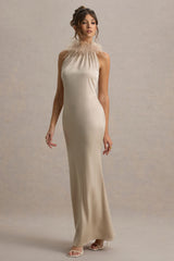 Bianca | Champagne Satin Feather-Trim Maxi Dress