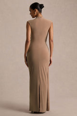 Solene | Brown High-Neck Maxi Dress With Wrap And Drape Detail