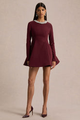 Eletta | Burgundy Embellished Crew-Neck Mini Dress