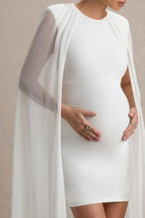 Charlene | White High-Neck Maternity Mini Dress With Mesh Cape