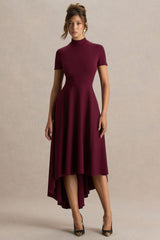 Bellona | Burgundy High-Neck High-Low Midi Dress