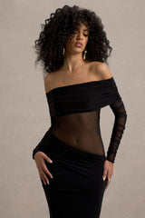 Belamour | Black Semi-Sheer Bardot Gathered Maxi Dress