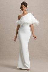 Valor | White Asymmetric Maxi Dress With Feather Trim