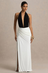 Tilly | Black And White Extreme-Plunge Neck Maxi Dress With Wrap And Ruched Details