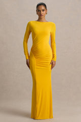 Diva | Yellow Slashed-Neck Maxi Dress With Ruched Detailing