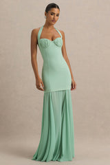 Kirby | Sage Corset Halter-Neck Maxi Dress With Sheer Detail