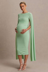 Providence | Light Green High-Neck Maternity Midi Dress With Cape Sleeves