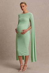 Providence | Light Green High-Neck Maternity Midi Dress With Cape Sleeves