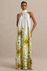 Glide | Sunflower Print Satin High-Neck Slip Maxi Dress