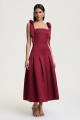Alberta | Burgundy Satin Square-Neck Midi Dress With Bow Straps