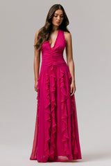 Bea | Hot Pink Plunge-Neck Ruffled Maxi Dress