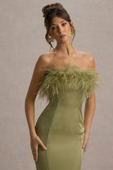 One And Only | Light Green Satin Feather Trim Bandeau Midi Dress