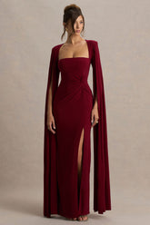 Claretta | Berry Square Neck Twisted Maxi Dress With Cape Sleeves
