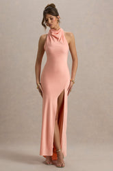 Priero | Peach Cowl Halter-Neck Open Back Maxi Dress