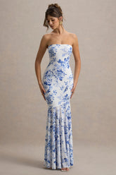 Callie | Blue Porcelain Print Bandeau Fishtail Maxi Dress