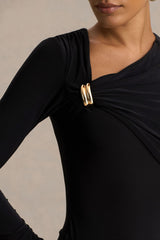 Alexia | Black Asymmetric-Neck Maxi Dress With Gold-Details