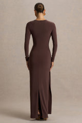 Virelle | Brown Boat-Neck Maxi Dress With Wrap Detail And Sash