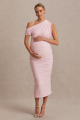 Linnea | Blush Pink Asymmetric-Neck Maternity Midi Dress