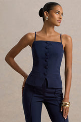 Nellie | Navy Tailored Button-Up Top