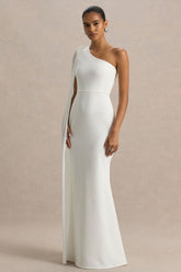 Athens | White Asymmetric-Neck Maxi Dress With Cape Sleeve Detail