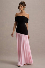 Venezia | Black & Pink Bardot Maxi Dress With Drop-Waist