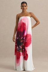 Breonna | Bright Pink Floral Placement Print Bandeau Maxi Dress