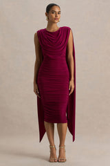 Wanderer | Burgundy Crew-Neck Midi Dress With Draped and Ruched Detailing