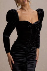 Kiss Of Midnight | Black Velvet Puff-Sleeve Mini Dress With Bow