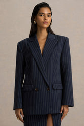 Alana | Navy Pinstripe Plunge-Neck Tailored Blazer