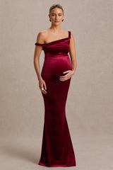 Tallulah | Burgundy Velvet Asymmetric-Neck Maternity Maxi Dress With Twist-Sleeve