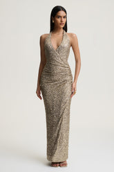 Gio | Champagne Sequin Plunge-Neck Wrap Maxi Dress With Ruched Detailing