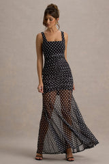 Galaxia | Black & White Polka Dot Maxi Dress With Mesh Skirt