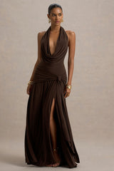 Mist | Brown Plunge-Neck Maxi Dress With Knot-Detail And Open-Back