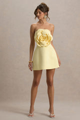 Daffodil | Lemon Bandeau Mini Dress With Large Floral Corsage