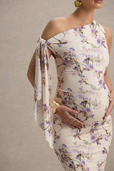 Katarine | Peach Floral Print Asymmetric Knot Maternity Midi Dress