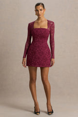 Bijou | Burgundy Square-Neck Lace Long-Sleeve Mini Dress