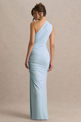Daphne | Powder Blue Asymmetric-Neck Maxi Dress With Ruched Detailing